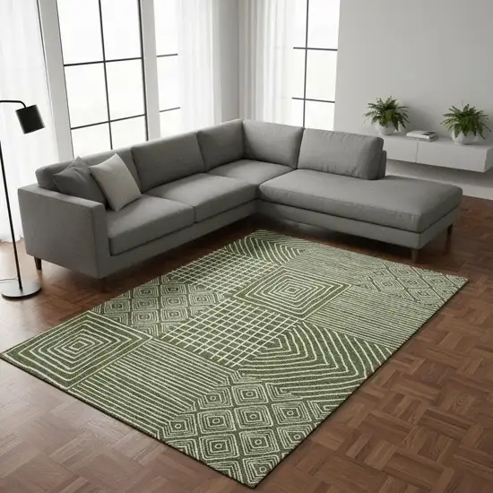 Olive Green And Ivory Geometric Washable Area Rug With UV Protection Photo 2
