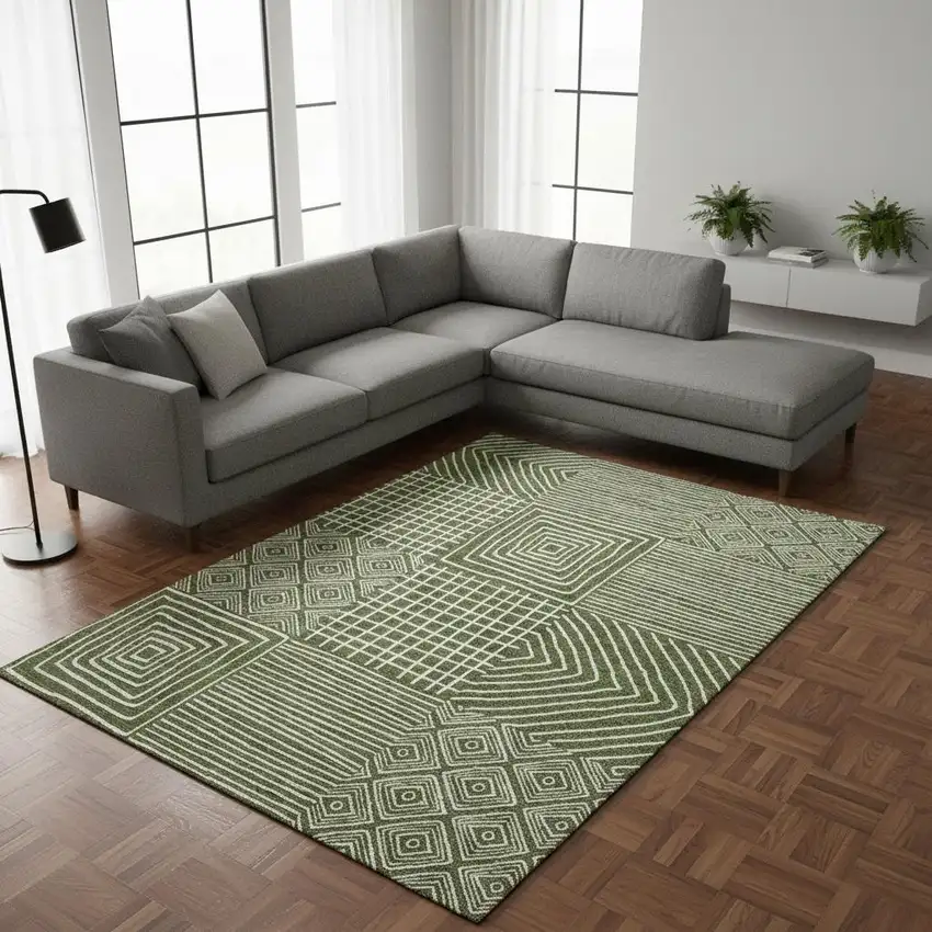 Olive Green And Ivory Geometric Washable Area Rug With UV Protection Photo 2