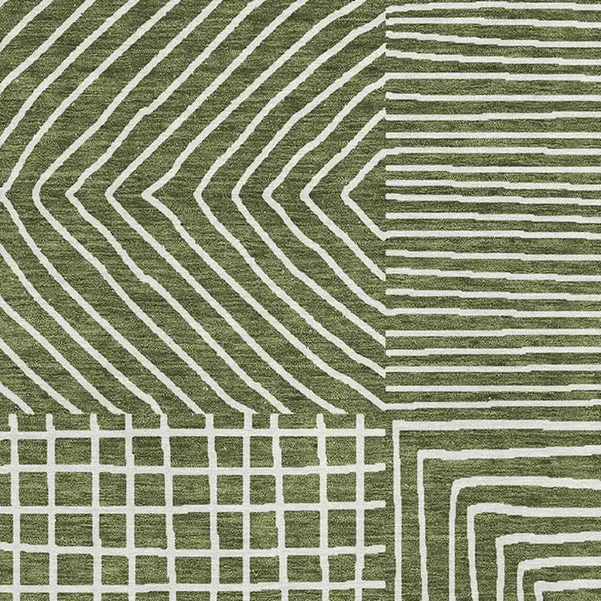 Olive Green And Ivory Geometric Washable Area Rug With UV Protection Photo 2