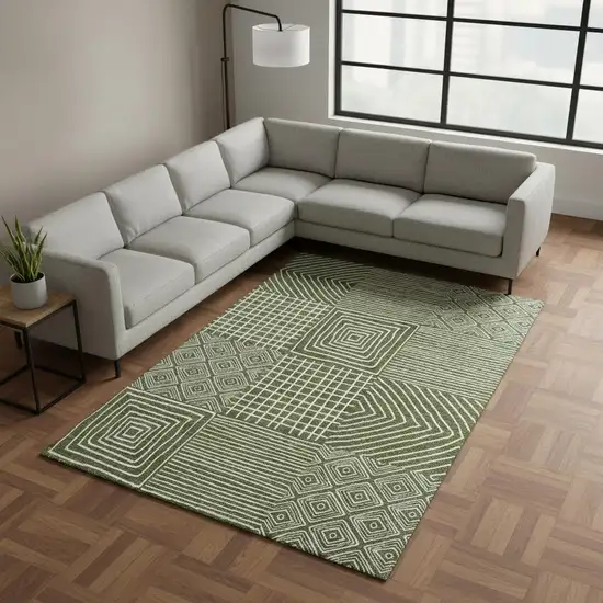 Olive Green And Ivory Geometric Washable Area Rug With UV Protection Photo 2