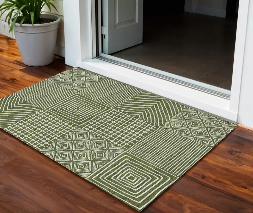Olive Green And Ivory Geometric Washable Indoor Outdoor Area Rug Photo 1