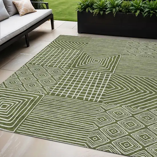 Olive Green And Ivory Geometric Washable Indoor Outdoor Area Rug Photo 1