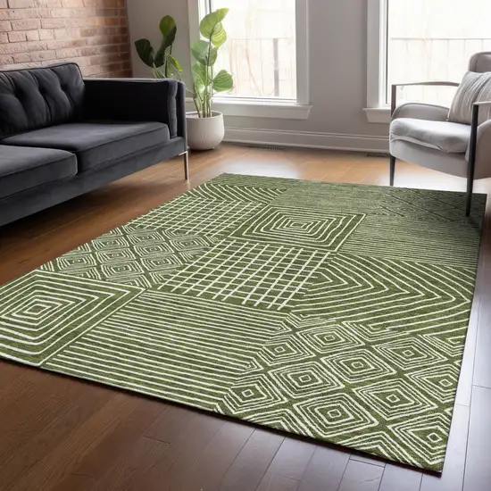 Olive Green And Ivory Geometric Washable Indoor Outdoor Area Rug Photo 8