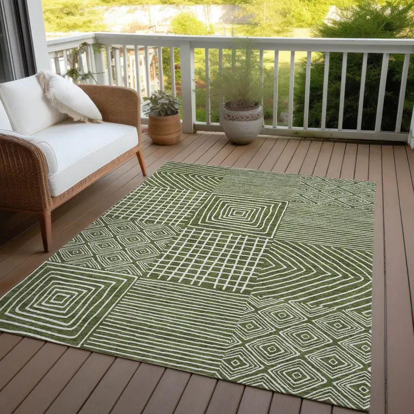 Olive Green And Ivory Geometric Washable Indoor Outdoor Area Rug Photo 7