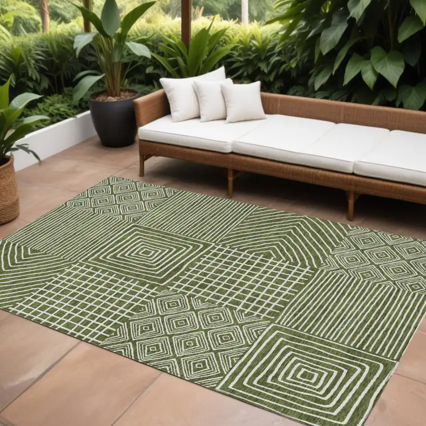 Olive Green And Ivory Geometric Washable Indoor Outdoor Area Rug Photo 1