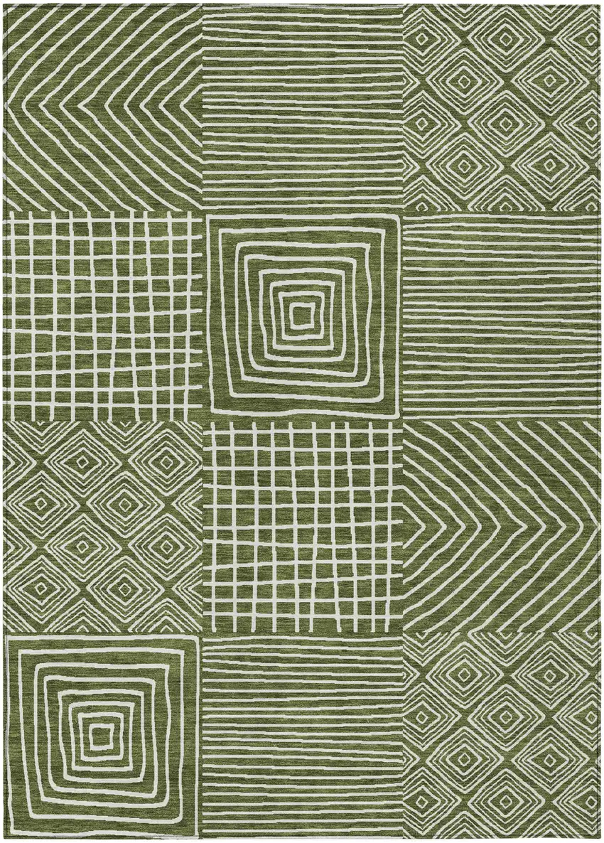 Olive Green And Ivory Geometric Washable Indoor Outdoor Area Rug Photo 2