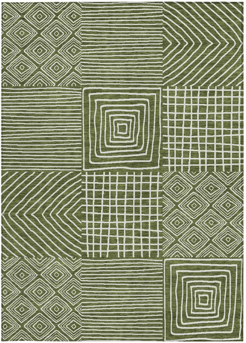 Olive Green And Ivory Geometric Washable Indoor Outdoor Area Rug Photo 6