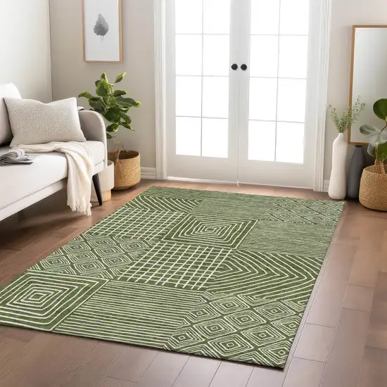 Olive Green And Ivory Geometric Washable Indoor Outdoor Area Rug Photo 9