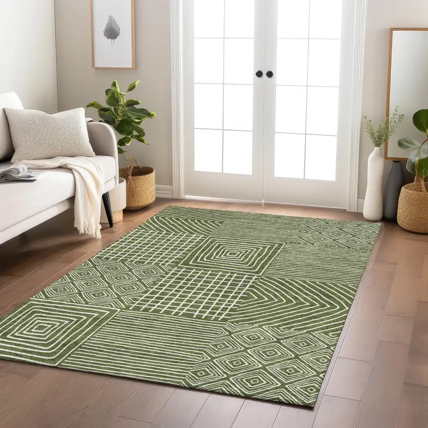 Olive Green And Ivory Geometric Washable Indoor Outdoor Area Rug Photo 9
