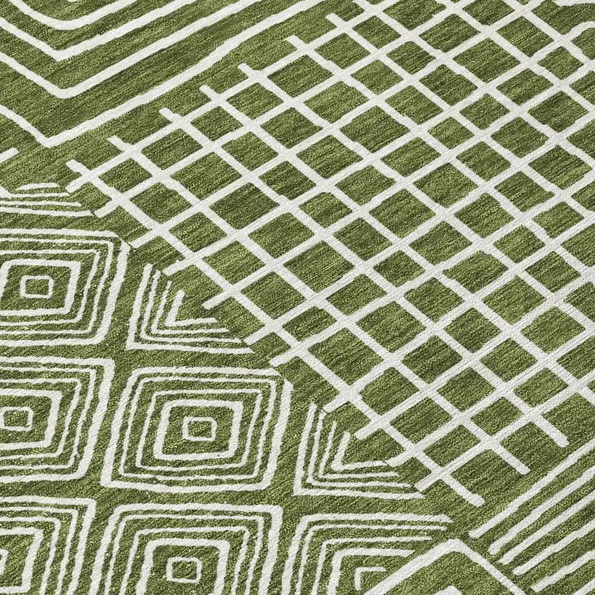 Olive Green And Ivory Geometric Washable Indoor Outdoor Area Rug Photo 5
