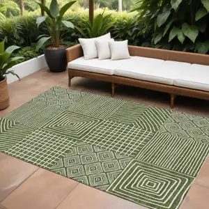 Photo of Olive Green And Ivory Geometric Washable Indoor Outdoor Area Rug