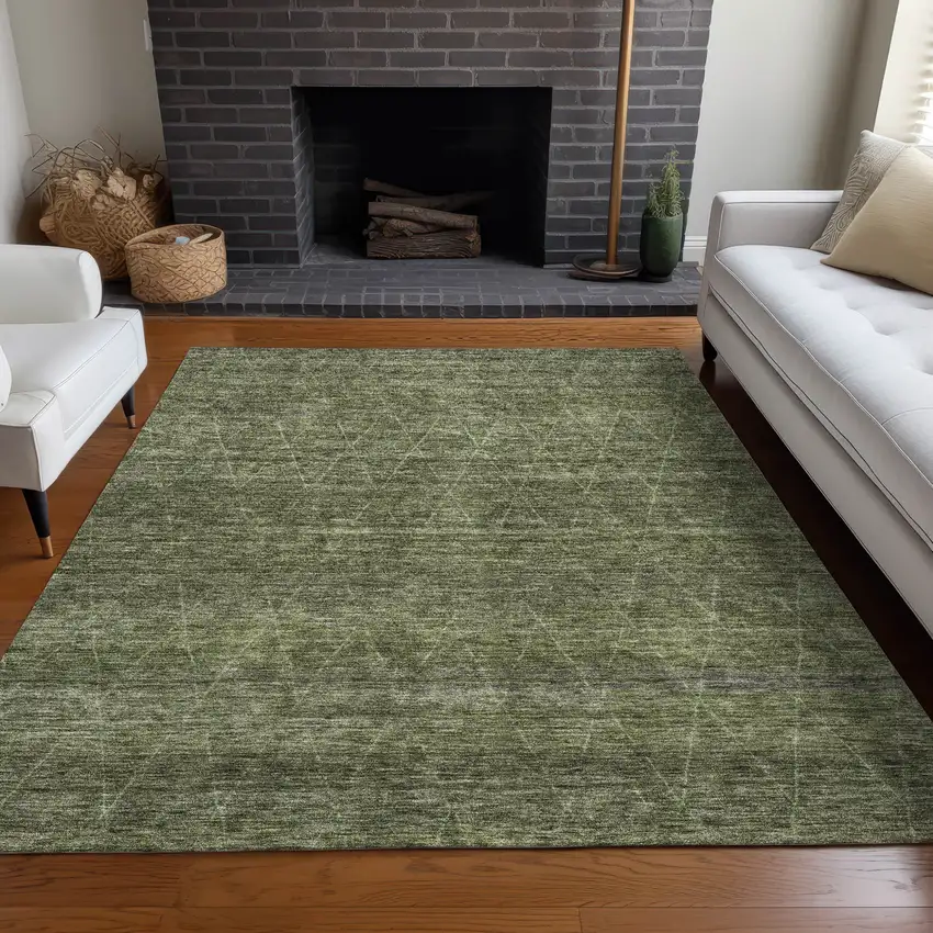 Olive Green And Ivory Geometric Washable Indoor Outdoor Area Rug Photo 9