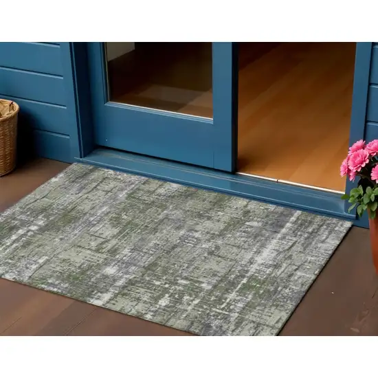Olive Green And Ivory Geometric Washable Indoor Outdoor Area Rug Photo 2