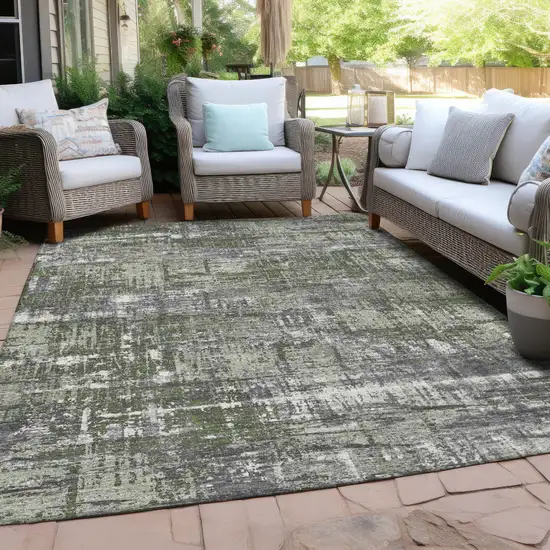 Olive Green And Ivory Geometric Washable Indoor Outdoor Area Rug Photo 5