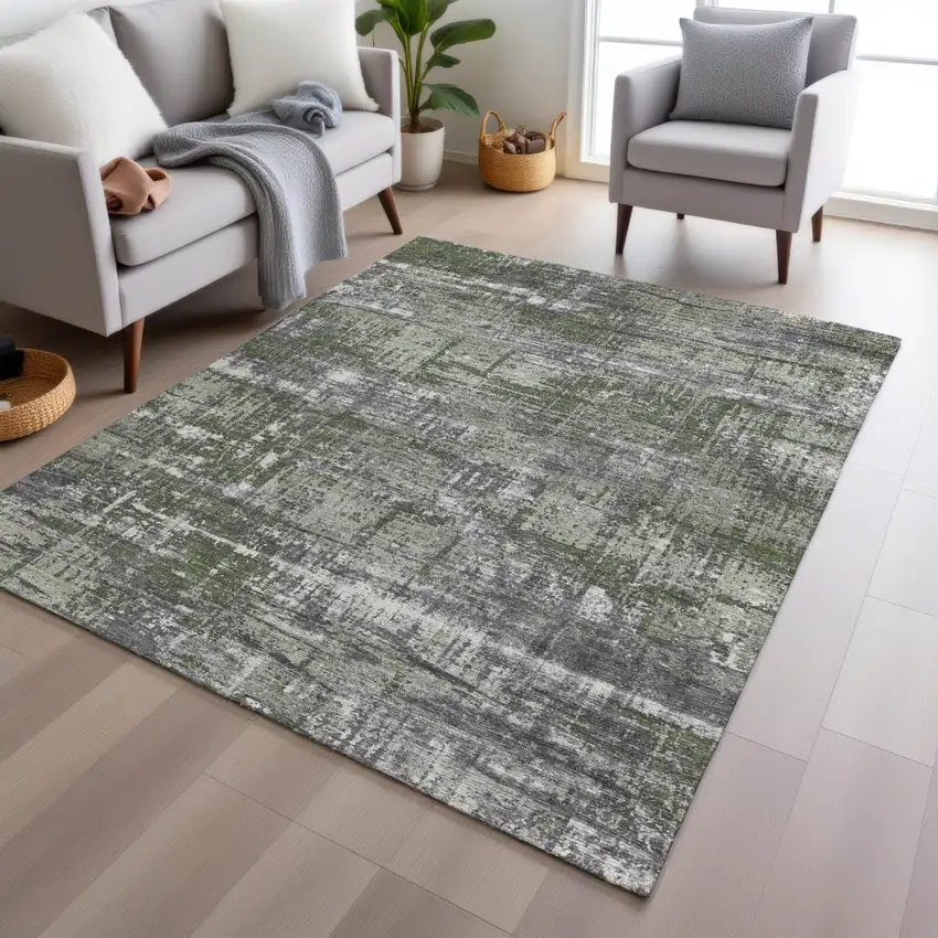 Olive Green And Ivory Geometric Washable Indoor Outdoor Area Rug Photo 6