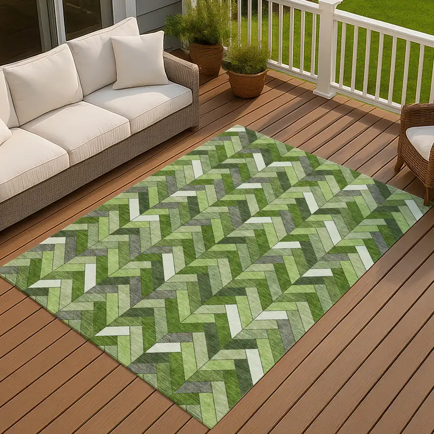Olive Green And Ivory Geometric Washable Indoor Outdoor Area Rug Photo 7