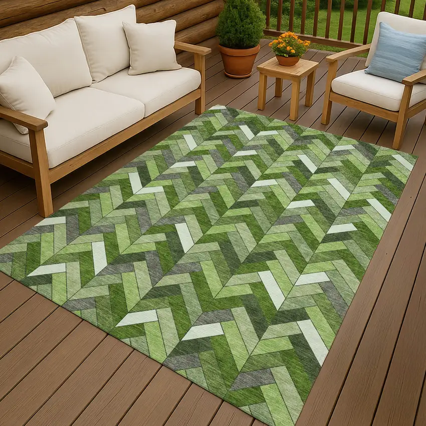 Olive Green And Ivory Geometric Washable Indoor Outdoor Area Rug Photo 9