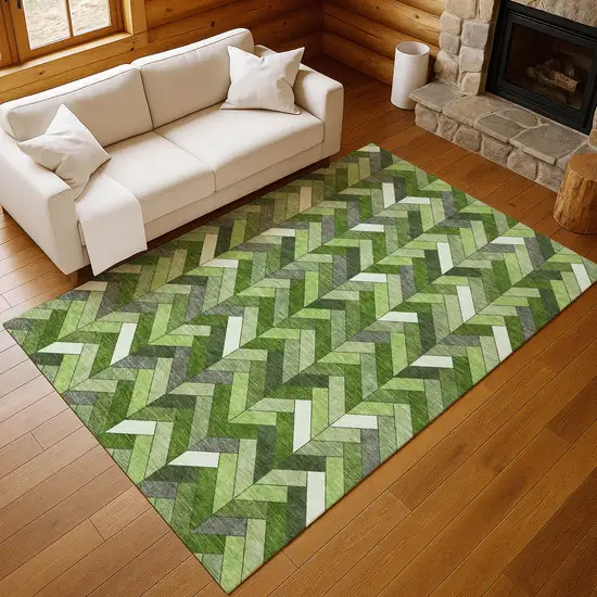 Olive Green And Ivory Geometric Washable Indoor Outdoor Area Rug Photo 8