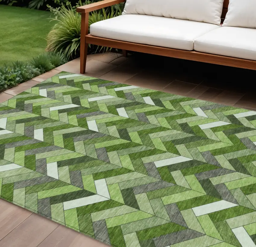 Olive Green And Ivory Geometric Washable Indoor Outdoor Area Rug Photo 1