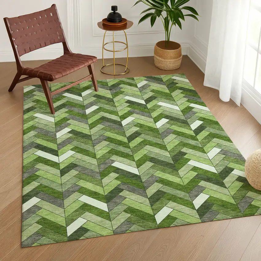 Olive Green And Ivory Geometric Washable Indoor Outdoor Area Rug Photo 9