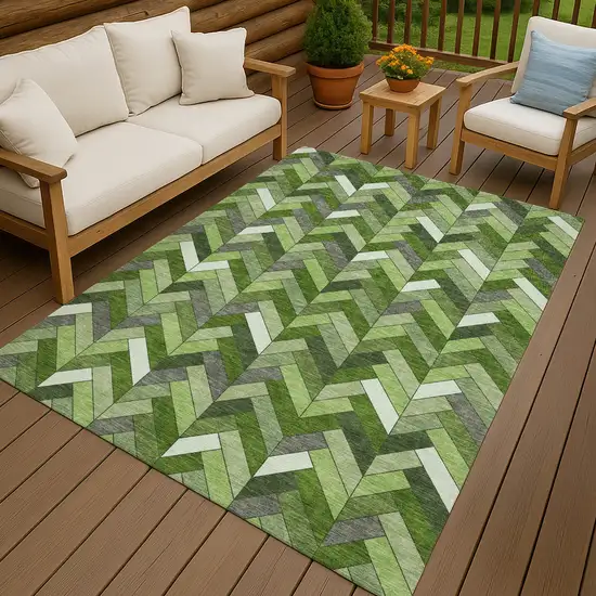 Olive Green And Ivory Geometric Washable Indoor Outdoor Area Rug Photo 9