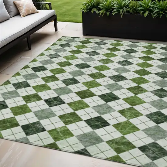 Olive Green And Ivory Geometric Washable Indoor Outdoor Area Rug Photo 1