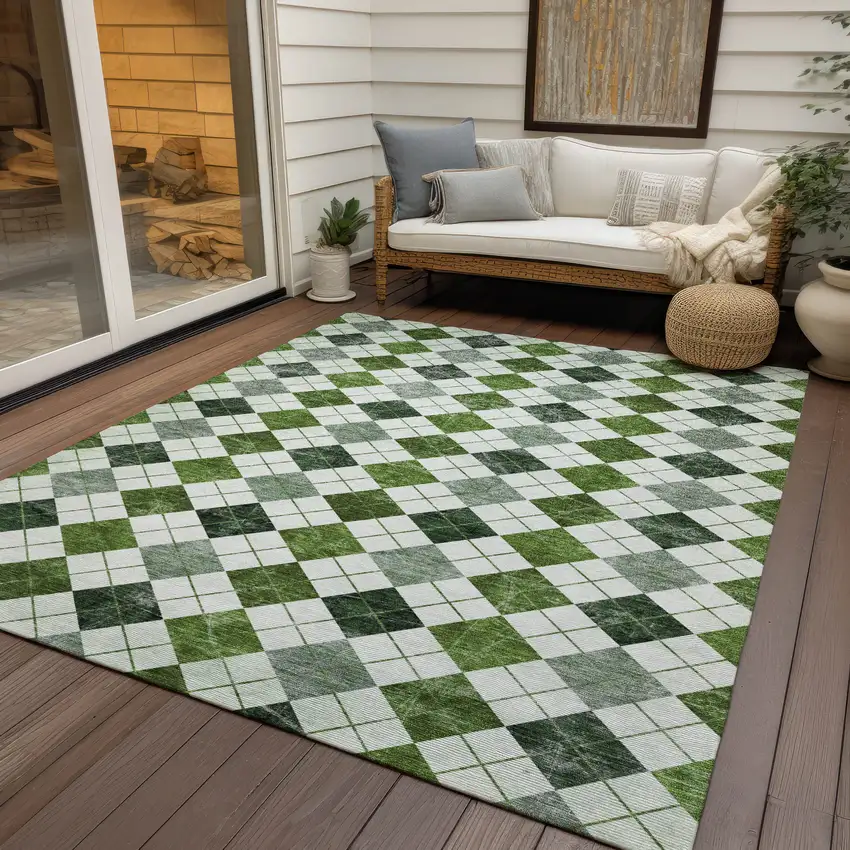 Olive Green And Ivory Geometric Washable Indoor Outdoor Area Rug Photo 9