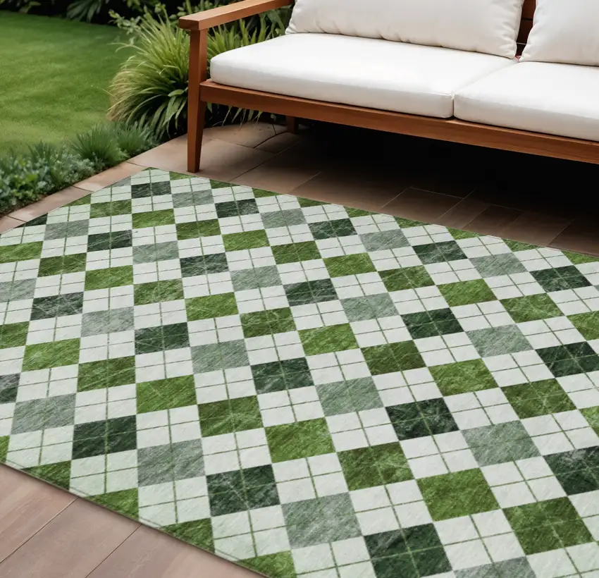 Olive Green And Ivory Geometric Washable Indoor Outdoor Area Rug Photo 1