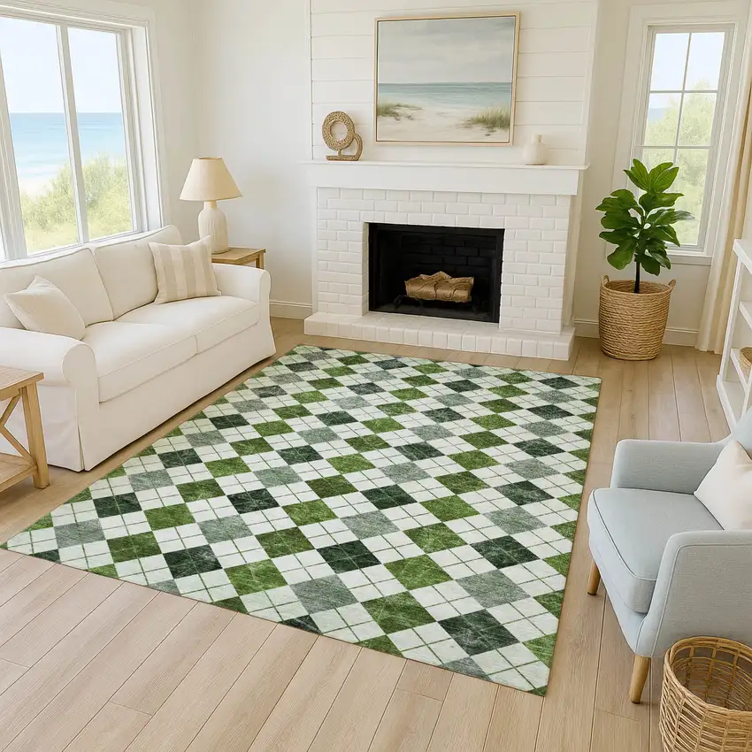 Olive Green And Ivory Geometric Washable Indoor Outdoor Area Rug Photo 8