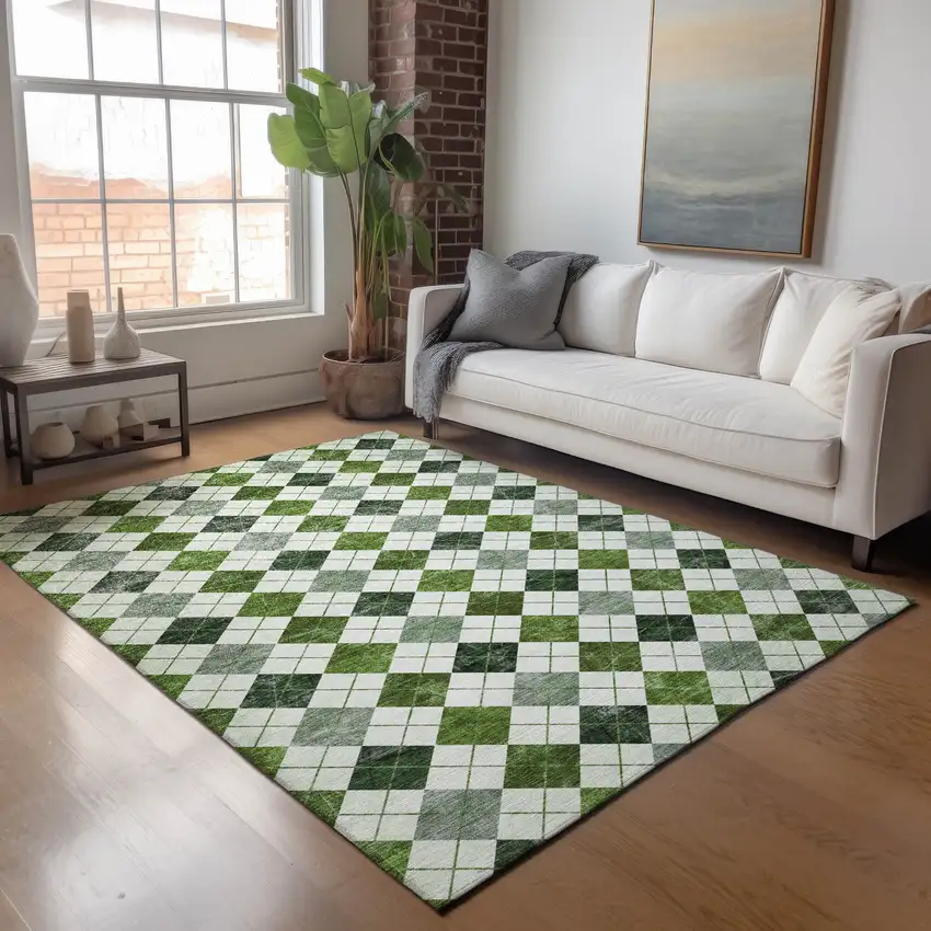 Olive Green And Ivory Geometric Washable Indoor Outdoor Area Rug Photo 9