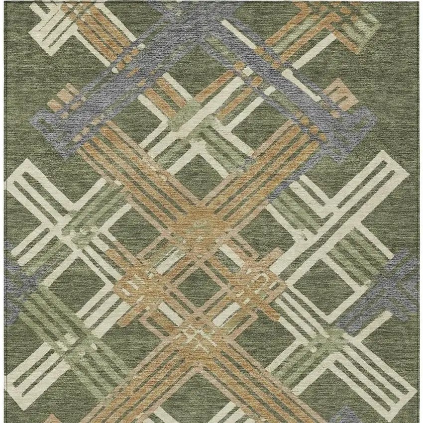Olive Green And Ivory Geometric Washable Indoor Outdoor Area Rug Photo 3