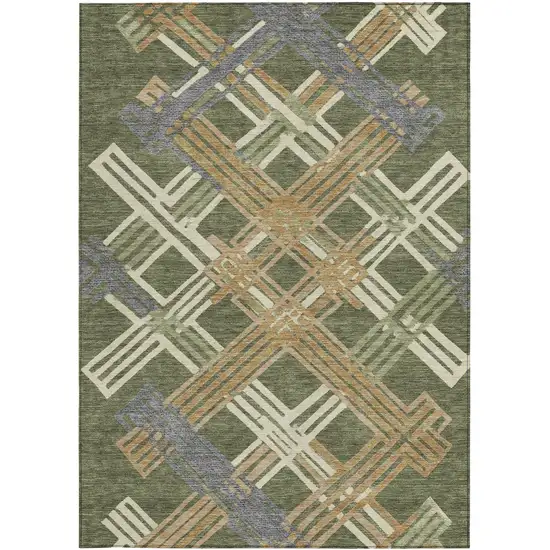 Olive Green And Ivory Geometric Washable Indoor Outdoor Area Rug Photo 3