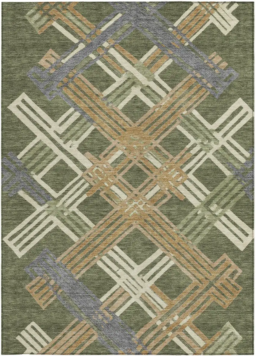 Olive Green And Ivory Geometric Washable Indoor Outdoor Area Rug Photo 3