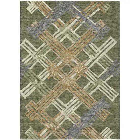 Olive Green And Ivory Geometric Washable Indoor Outdoor Area Rug Photo 1