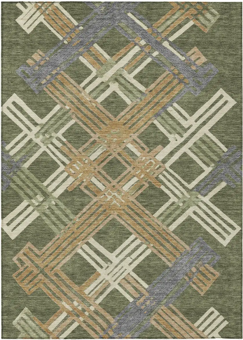 Olive Green And Ivory Geometric Washable Indoor Outdoor Area Rug Photo 1
