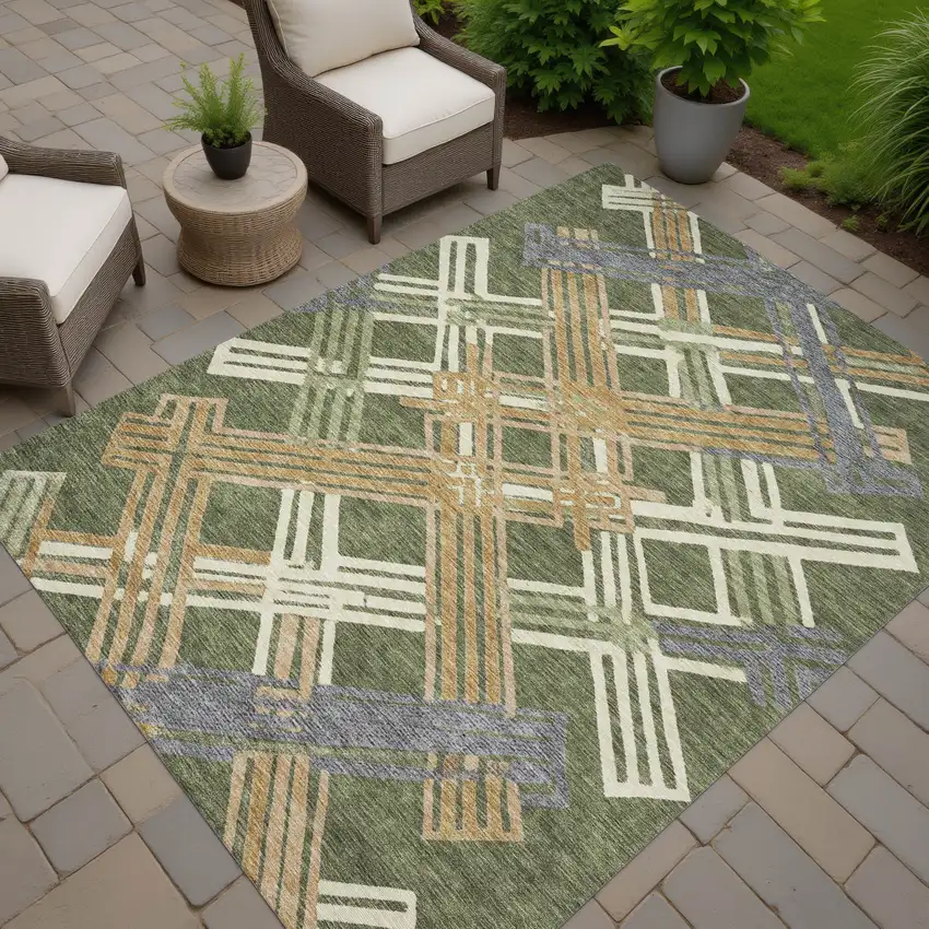 Olive Green And Ivory Geometric Washable Indoor Outdoor Area Rug Photo 7