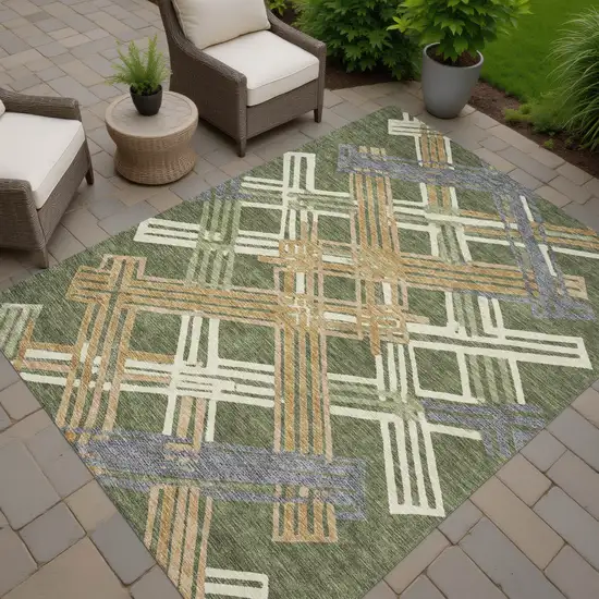 Olive Green And Ivory Geometric Washable Indoor Outdoor Area Rug Photo 7