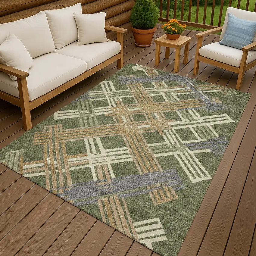 Olive Green And Ivory Geometric Washable Indoor Outdoor Area Rug Photo 4