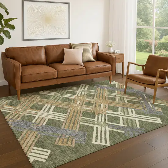 Olive Green And Ivory Geometric Washable Indoor Outdoor Area Rug Photo 5