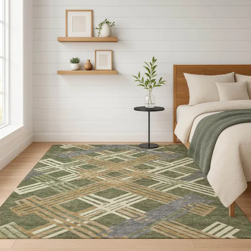 Olive Green And Ivory Geometric Washable Indoor Outdoor Area Rug Photo 6