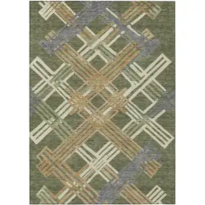 Photo of Olive Green And Ivory Geometric Washable Indoor Outdoor Area Rug