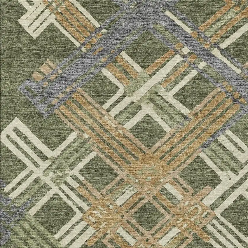 Olive Green And Ivory Geometric Washable Indoor Outdoor Area Rug Photo 2