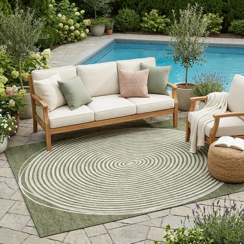 Olive Green And Ivory Geometric Washable Indoor Outdoor Area Rug Photo 1