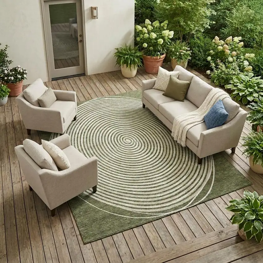 Olive Green And Ivory Geometric Washable Indoor Outdoor Area Rug Photo 1