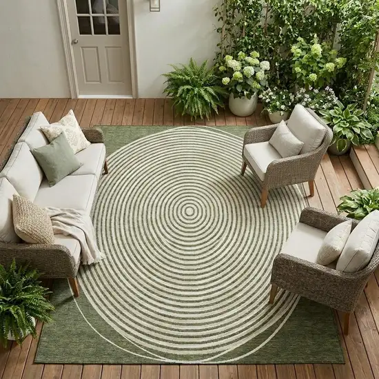 Olive Green And Ivory Geometric Washable Indoor Outdoor Area Rug Photo 1