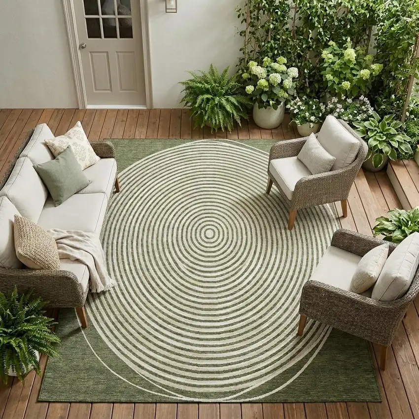 Olive Green And Ivory Geometric Washable Indoor Outdoor Area Rug Photo 1