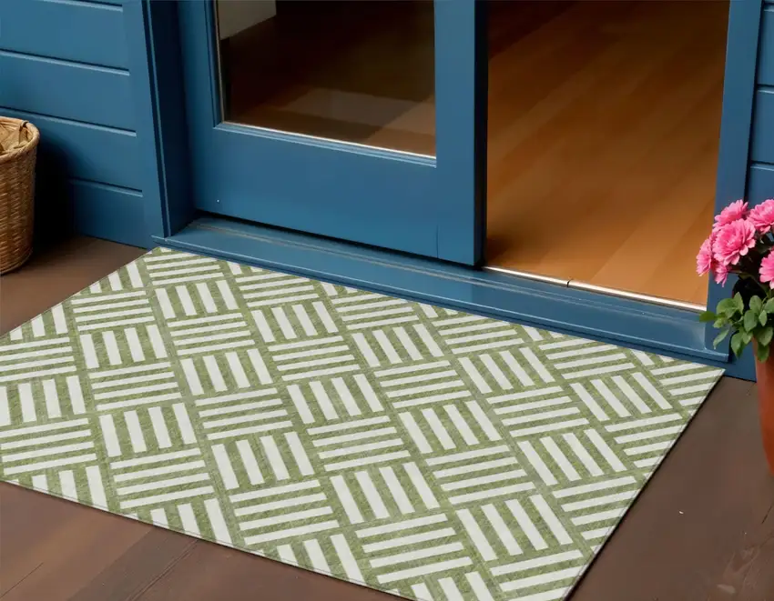 Olive Green And Ivory Geometric Washable Indoor Outdoor Area Rug Photo 1