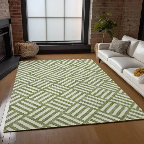 Olive Green And Ivory Geometric Washable Indoor Outdoor Area Rug Photo 8