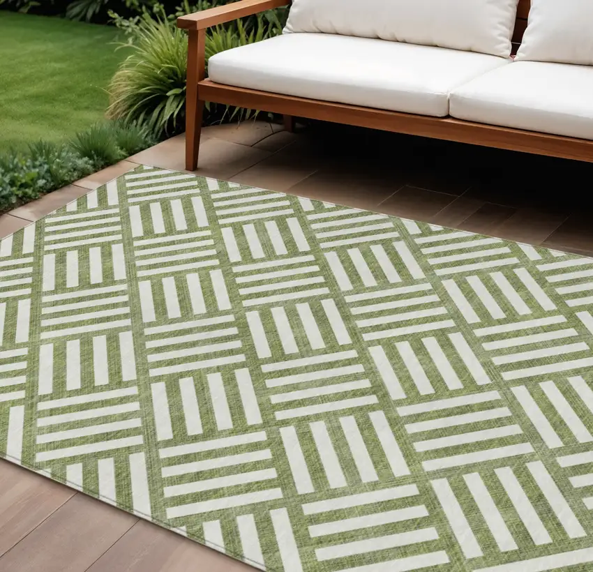 Olive Green And Ivory Geometric Washable Indoor Outdoor Area Rug Photo 1