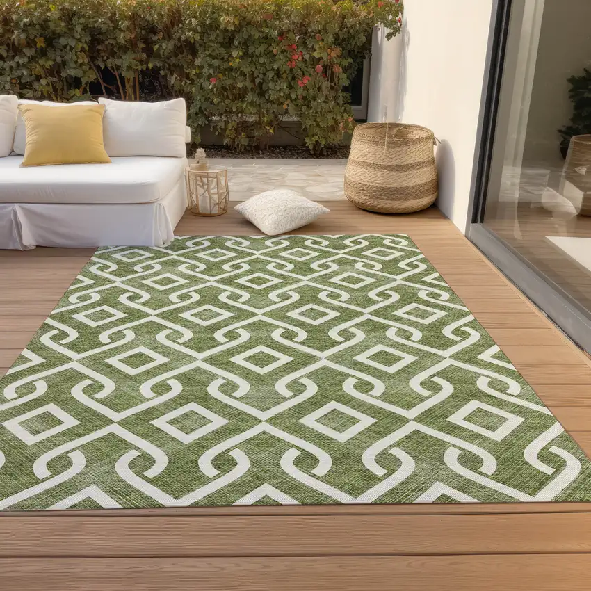 Olive Green And Ivory Geometric Washable Indoor Outdoor Area Rug Photo 9